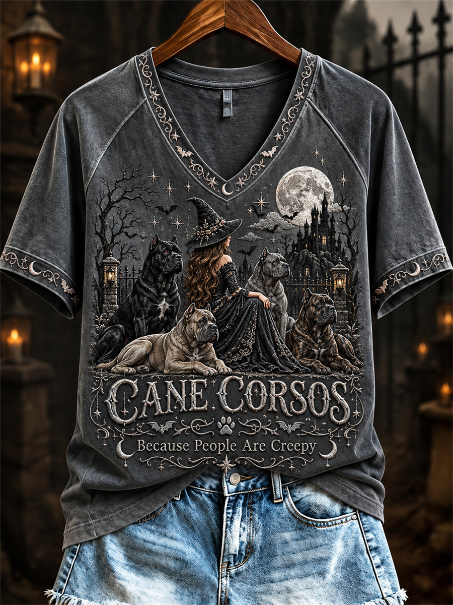 Women's Cane Corsos Because People Are Creepy Halloween Witch & Dogs Print short-sleeved T-shirt