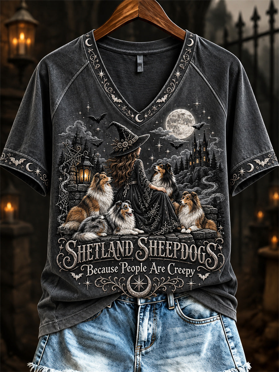 Women's Shetland Sheepdogs Because People Are Creepy Halloween Witch & Dogs Print short-sleeved T-shirt