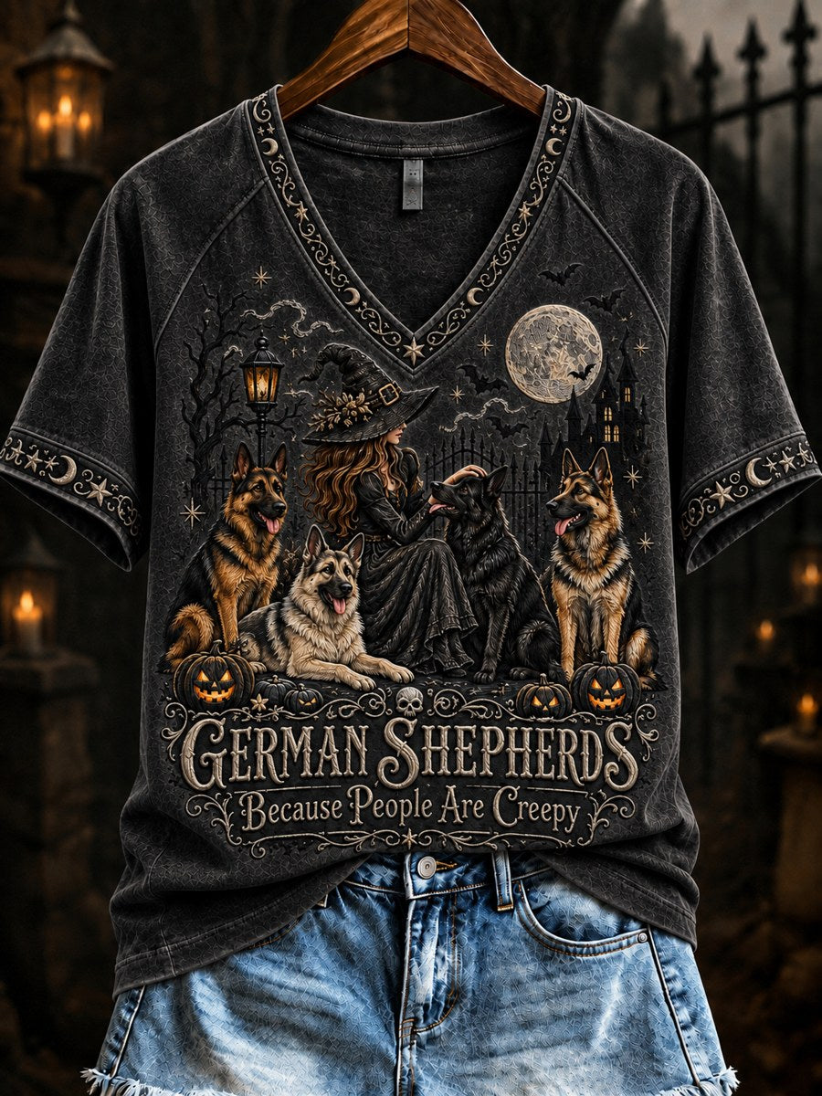 Women's German Shepherds Because People Are Creepy Halloween Witch & Dogs Print short-sleeved T-shirt