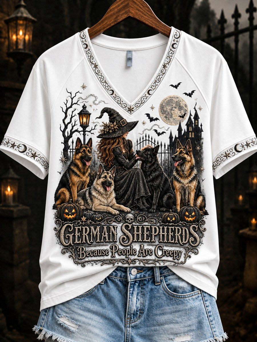 Women's German Shepherds Because People Are Creepy Halloween Witch & Dogs Print short-sleeved T-shirt