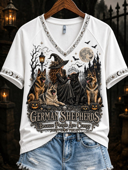 Women's German Shepherds Because People Are Creepy Halloween Witch & Dogs Print short-sleeved T-shirt