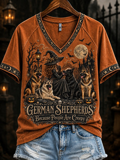 Women's German Shepherds Because People Are Creepy Halloween Witch & Dogs Print short-sleeved T-shirt