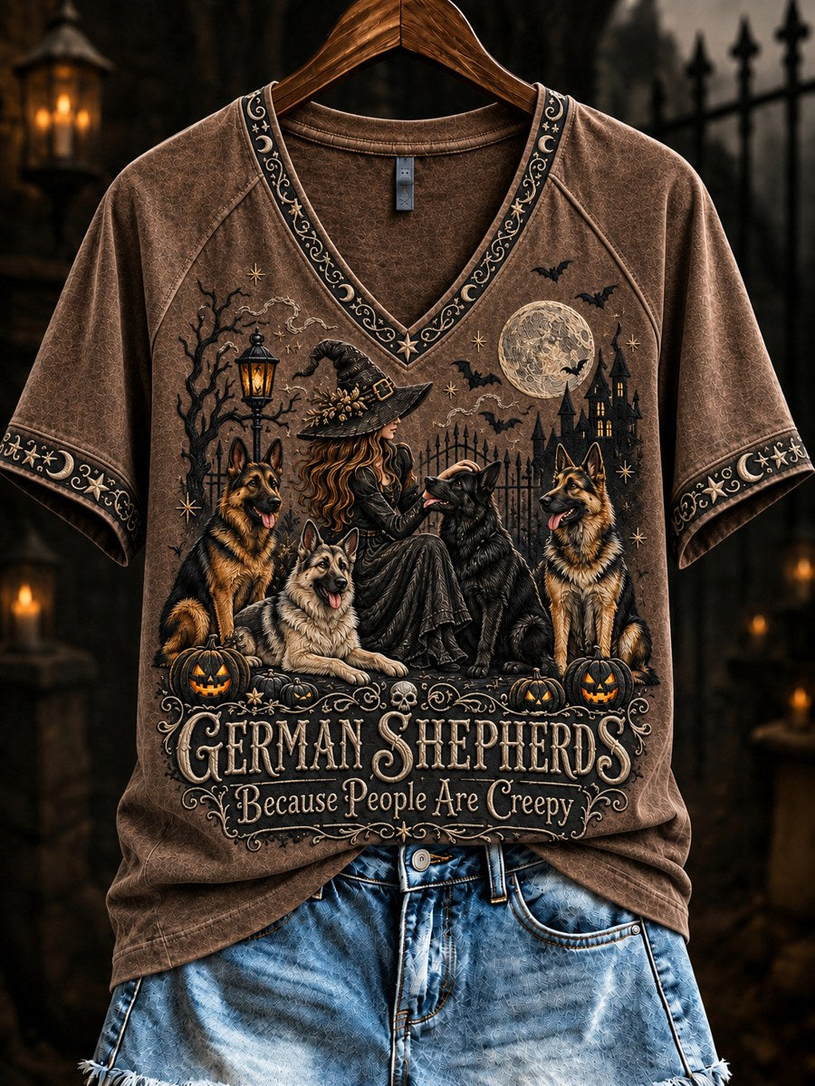Women's German Shepherds Because People Are Creepy Halloween Witch & Dogs Print short-sleeved T-shirt