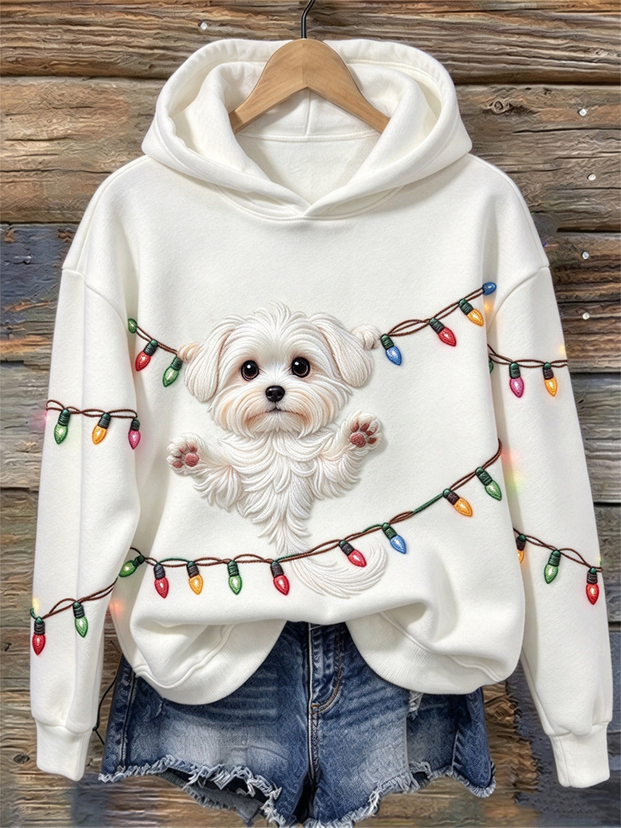 Women's Funny Hanging Maltese Dog Christmas Lights Print Hoodie