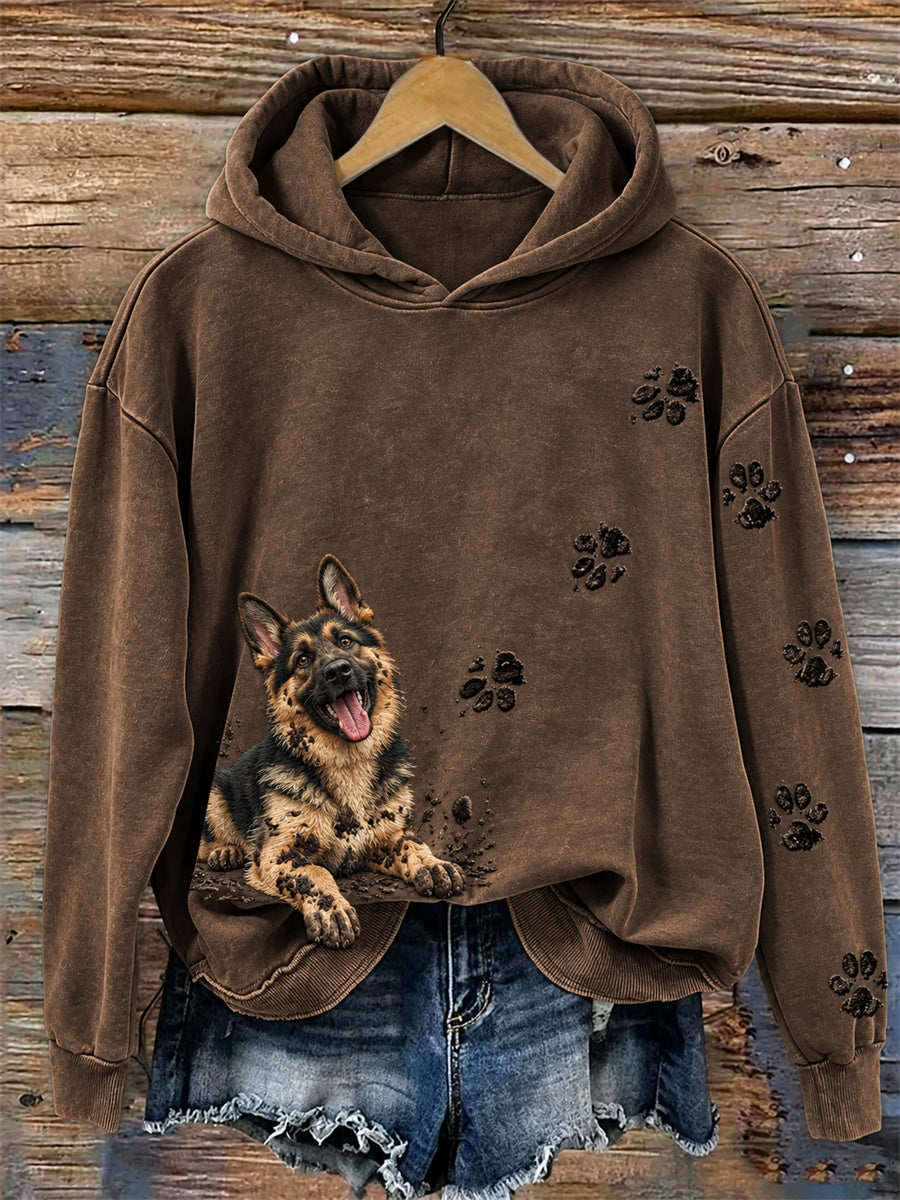 Women's Funny Dirty but Happy German Shepherd Dog & Paw Prints Print Hoodie