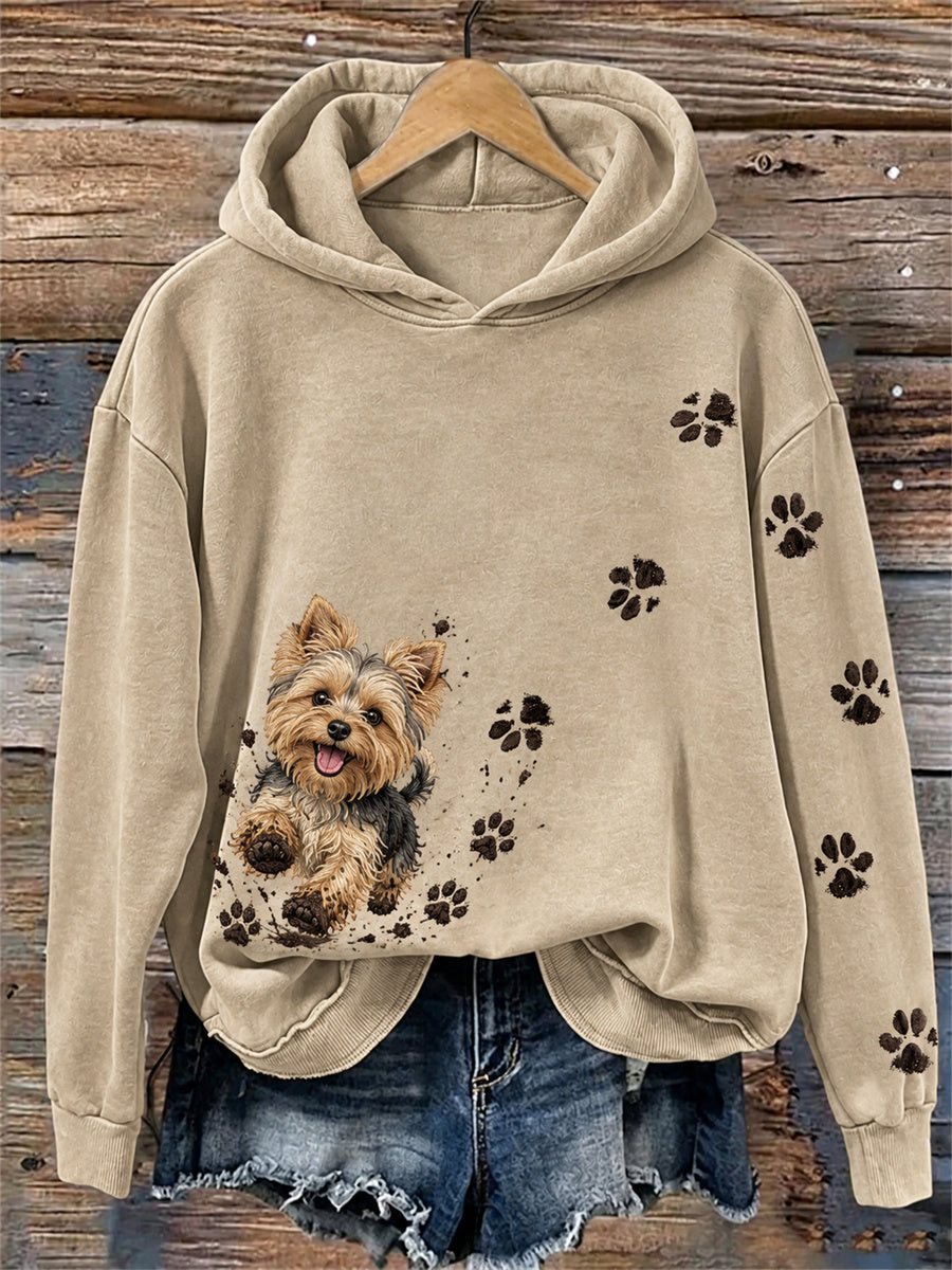 Women's Funny Dirty but Happy Yorkie Dog & Paw Prints Print Hoodie