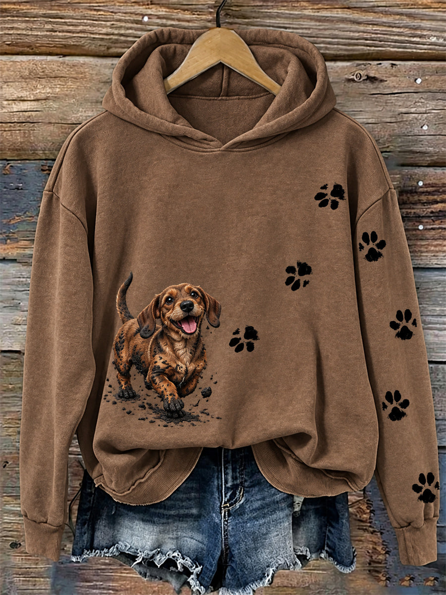 Women's Funny Dirty but Happy Dachshund Dog & Paw Prints Print Hoodie