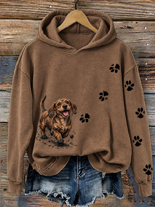 Women's Funny Dirty but Happy Dachshund Dog & Paw Prints Print Hoodie