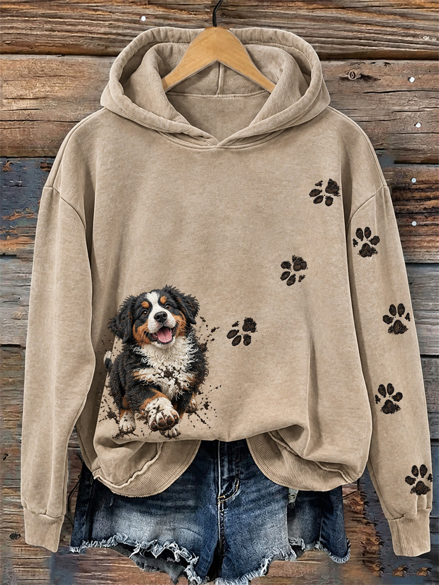 Women's Funny Dirty but Happy Bernese Mountain Dog & Paw Prints Print Hoodie