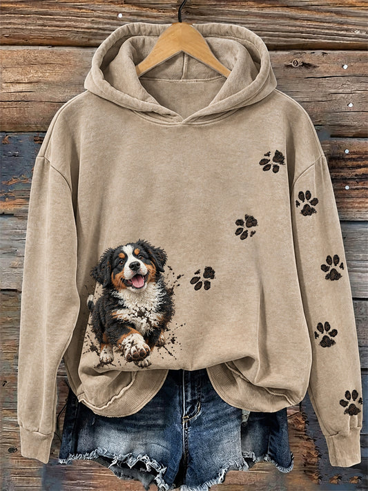 Women's Funny Dirty but Happy Bernese Mountain Dog & Paw Prints Print Hoodie