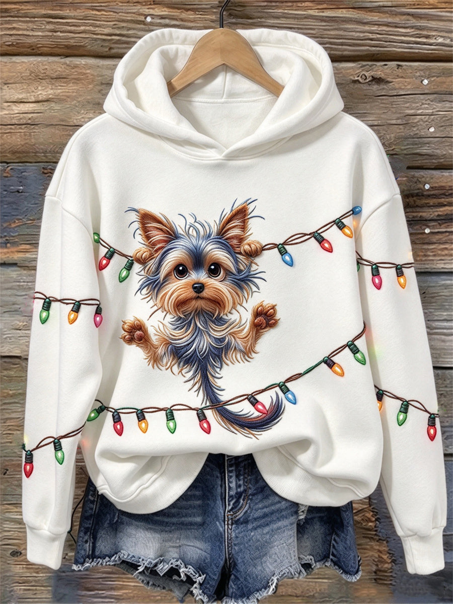 Women's Funny Hanging Yorkie Dog Christmas Lights Print Hoodie