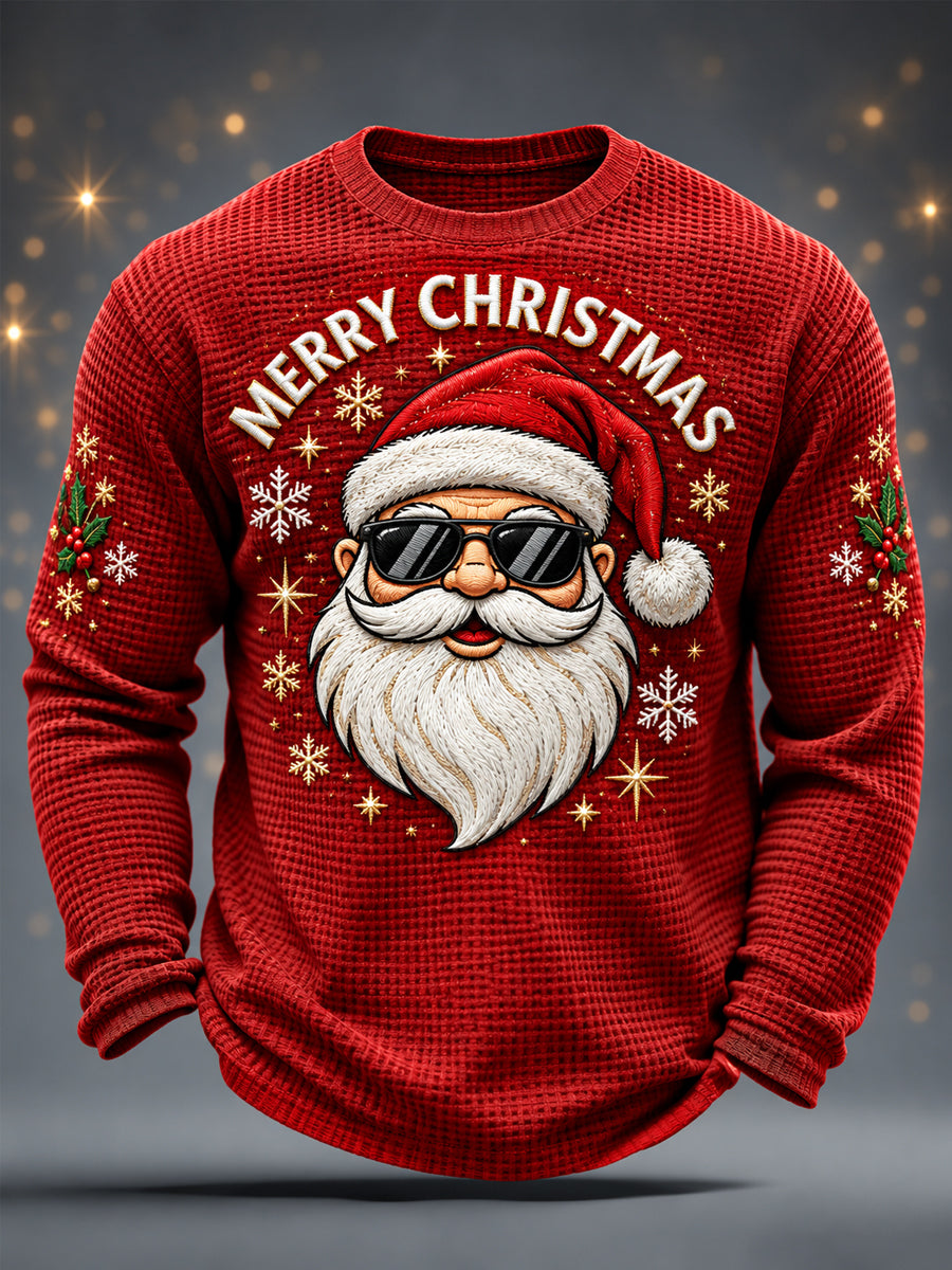 Men's Christmas Santa Claus Print Casual Waffle Long Sleeve T-Shirt