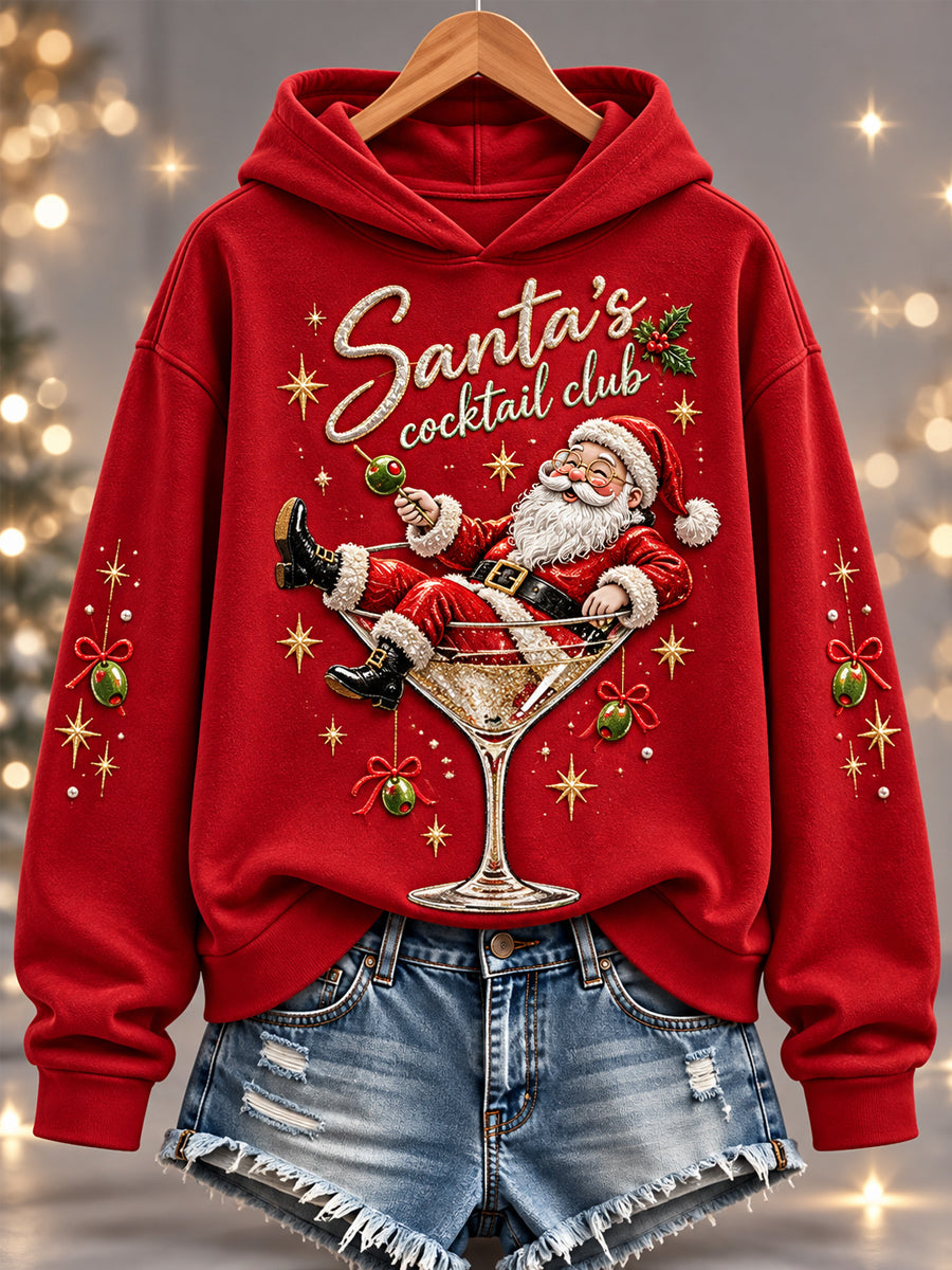 Women's Funny Christmas Santa's Cocktail Club Print Casual Hoodie
