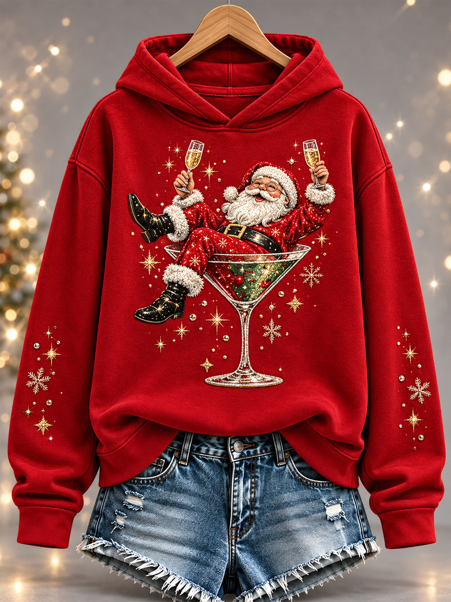 Women's Christmas Santa Claus Wine Glass Print Casual Hoodie