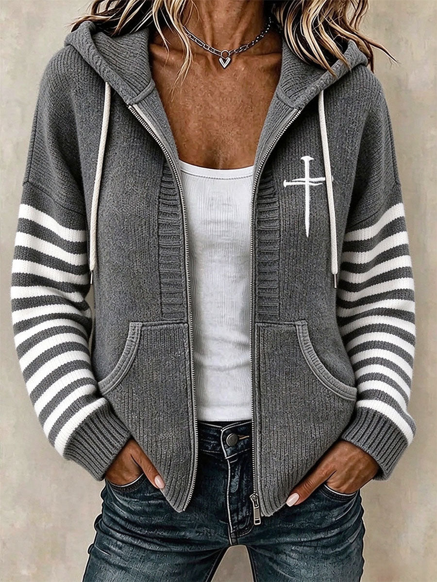 Women's Christian Art Cross Pattern Cozy Knit Hooded Cardigan