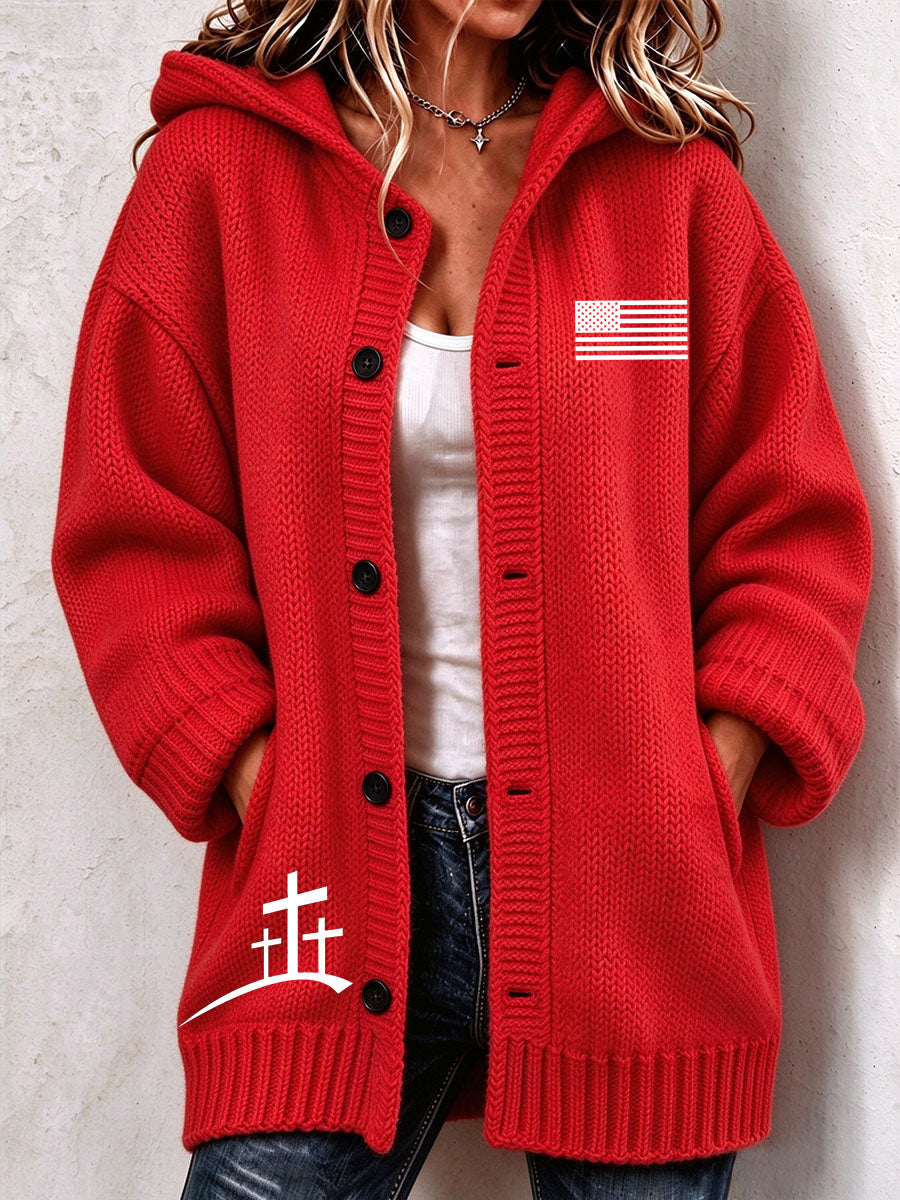Women's Christian Art Cross Pattern Cozy Knit Hooded Cardigan