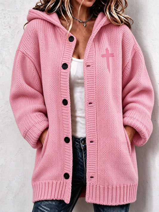 Women's Christian Art Cross Pattern Cozy Knit Hooded Cardigan