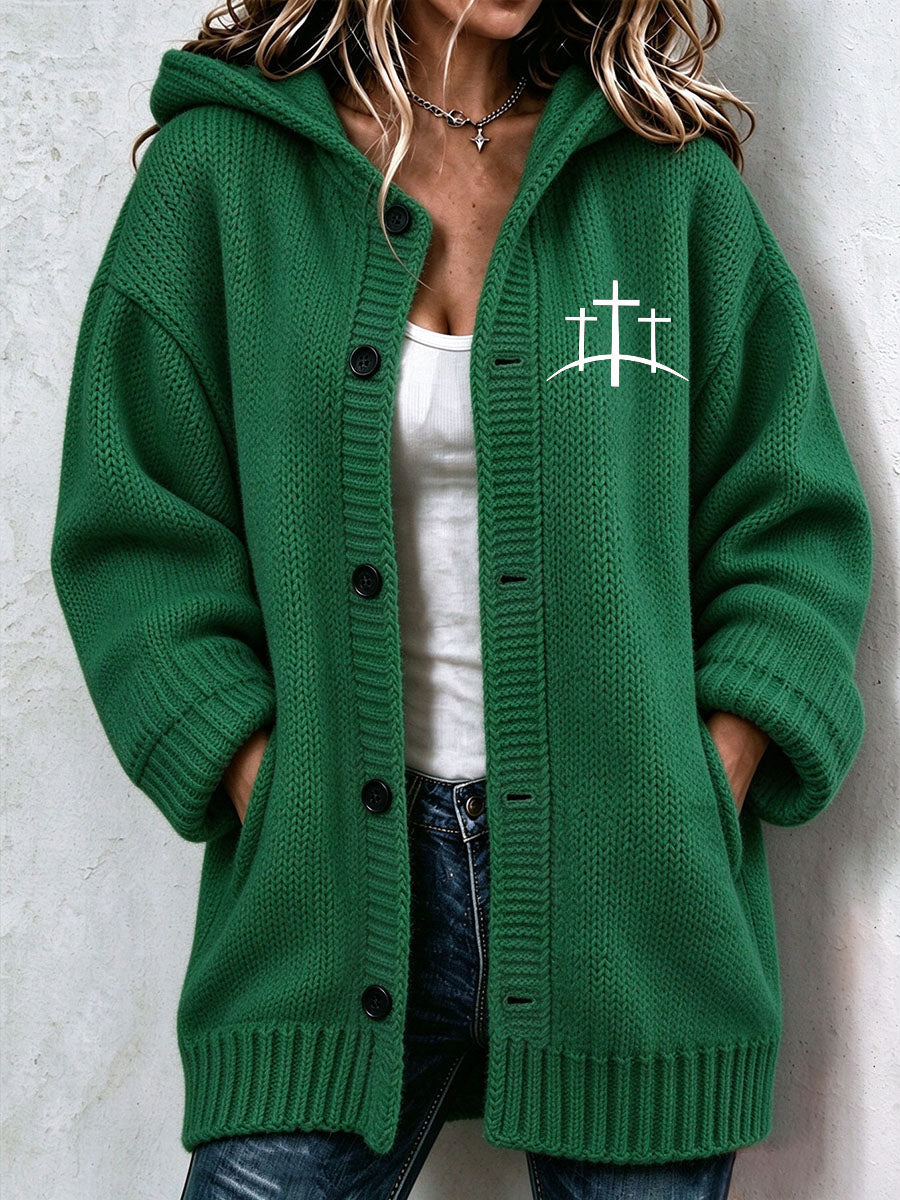 Women's Christian Art Cross Pattern Cozy Knit Hooded Cardigan