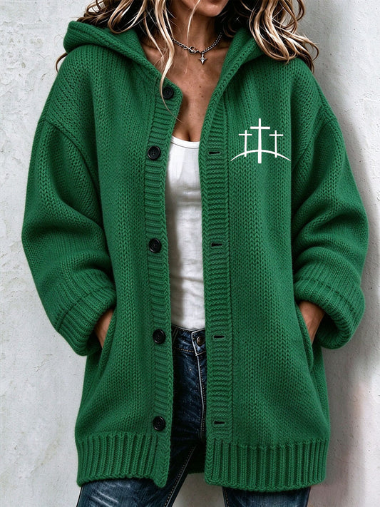 Women's Christian Art Cross Pattern Cozy Knit Hooded Cardigan