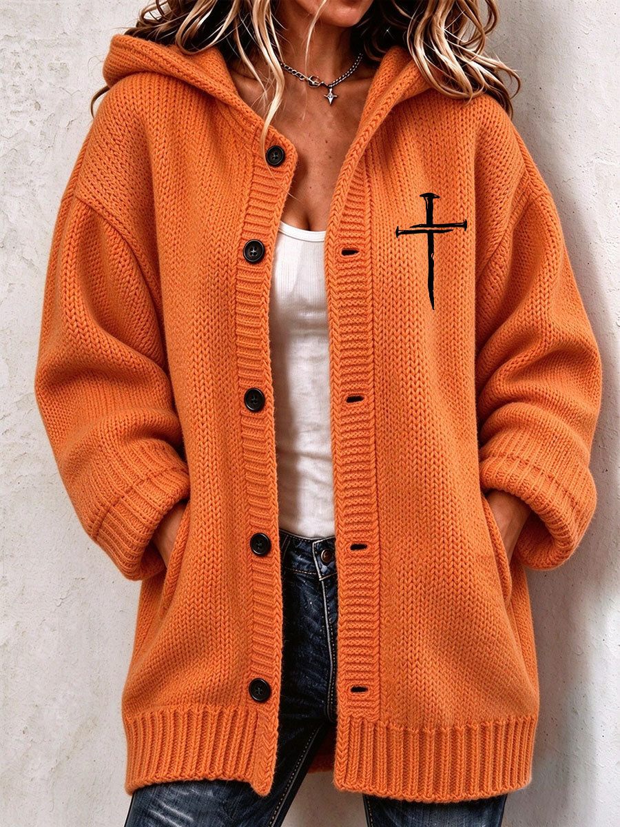 Women's Christian Art Cross Pattern Cozy Knit Hooded Cardigan