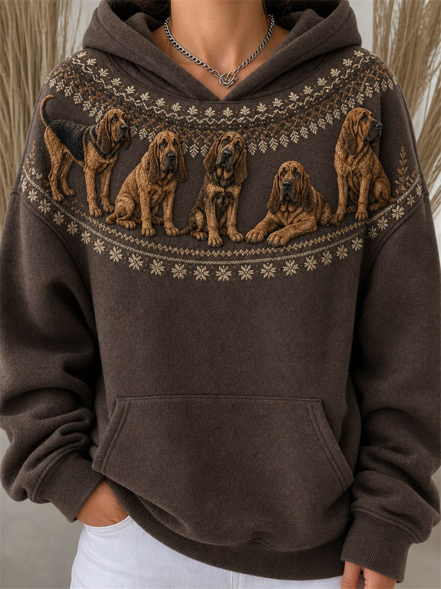 Women's Vintage Bloodhound Dogs Yoke Isle Pattern Print Cozy Hoodie