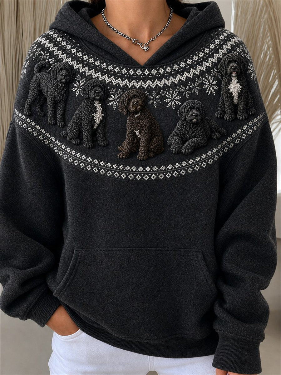 Women's Vintage Portuguese Water Dogs Yoke Isle Pattern Print Cozy Hoodie