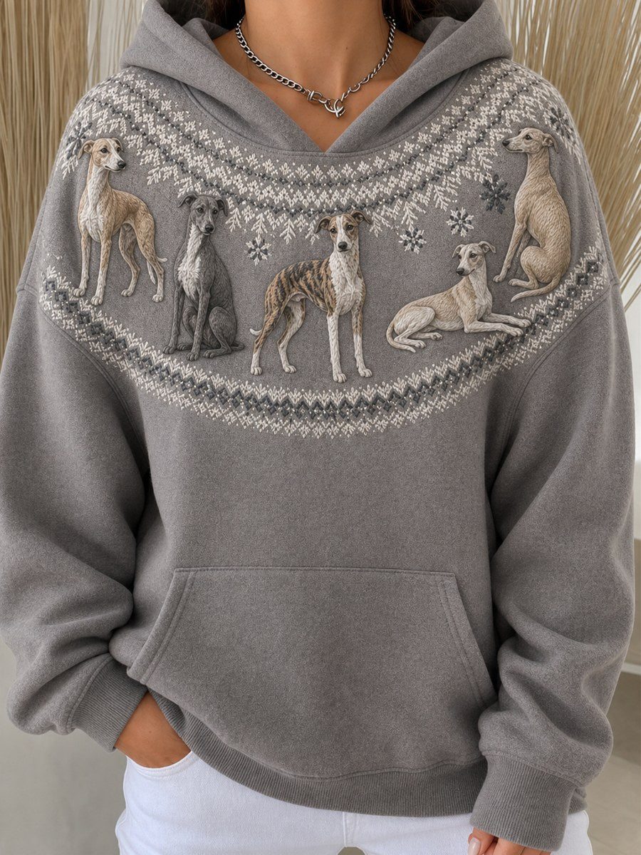 Women's Vintage Whippet Dogs Yoke Isle Pattern Print Cozy Hoodie