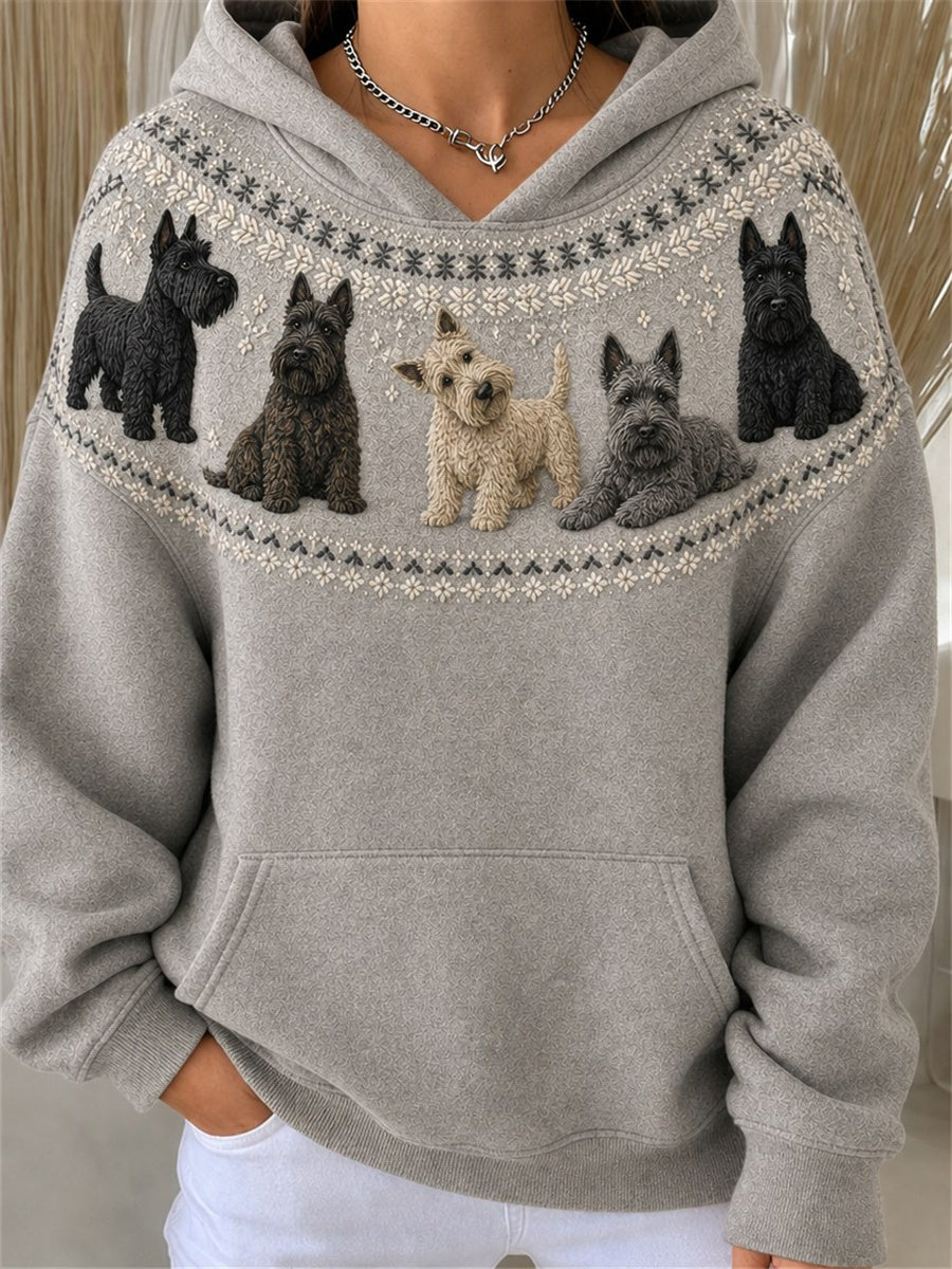 Women's Vintage Scottish Terrier Dogs Yoke Isle Pattern Print Cozy Hoodie