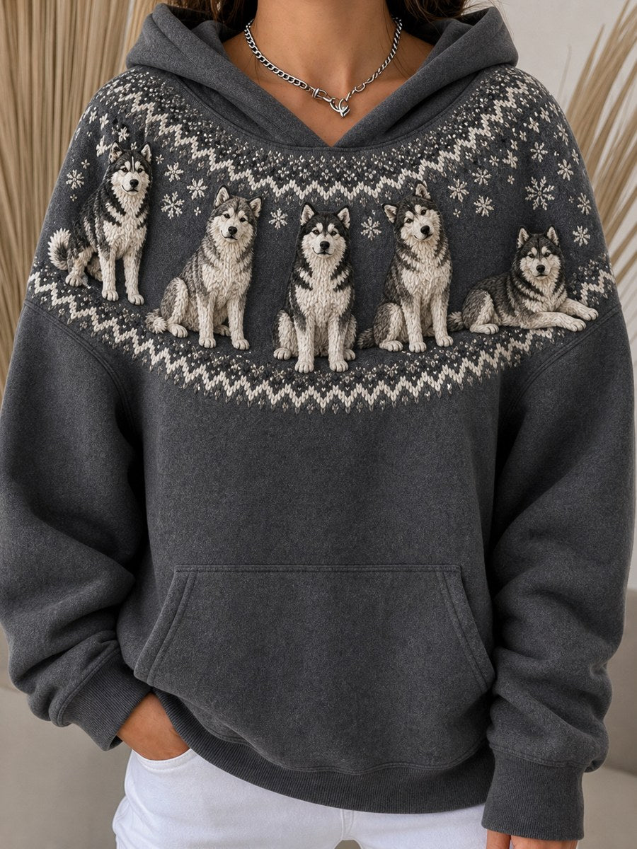 Women's Vintage Husky Dogs Yoke Isle Pattern Print Cozy Hoodie