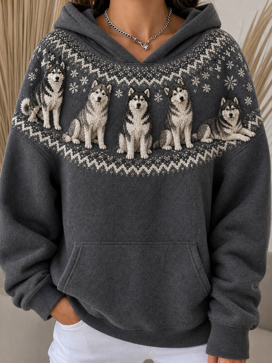 Women's Vintage Husky Dogs Yoke Isle Pattern Print Cozy Hoodie