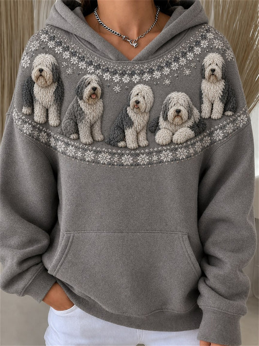 Women's Vintage Old English Sheepdogs Yoke Isle Pattern Print Cozy Hoodie