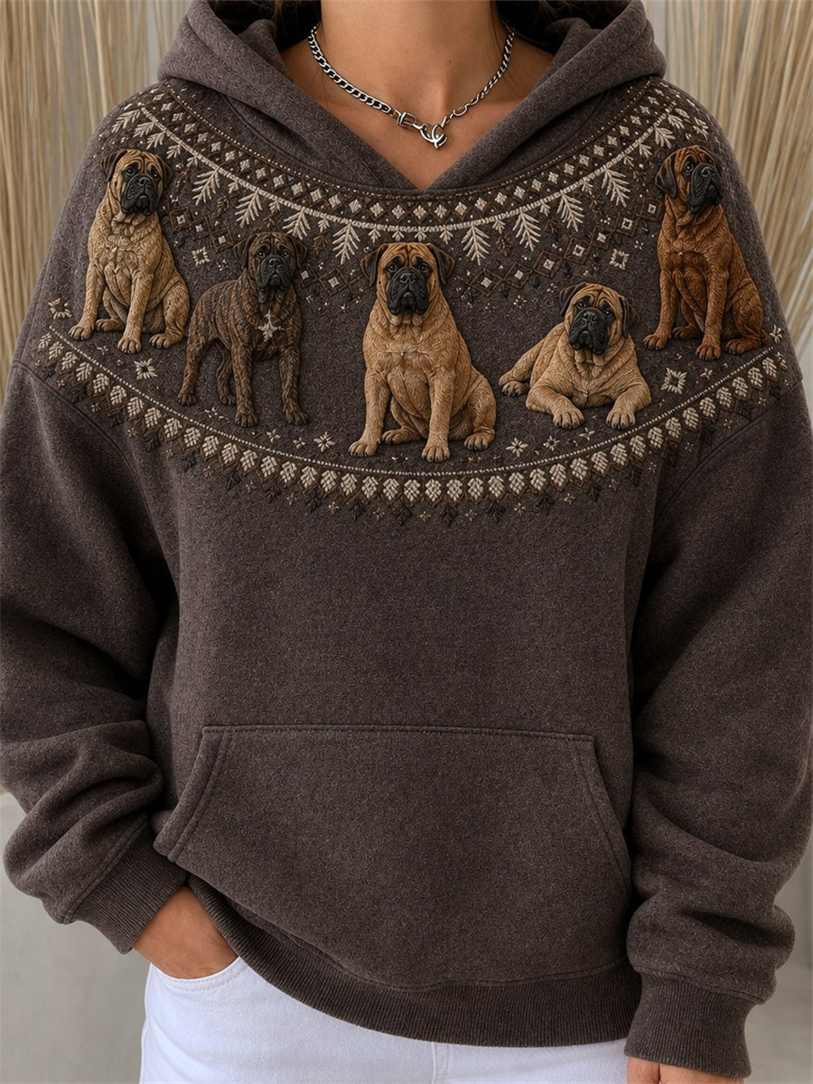 Women's Vintage Mastiff Dogs Yoke Isle Pattern Print Cozy Hoodie