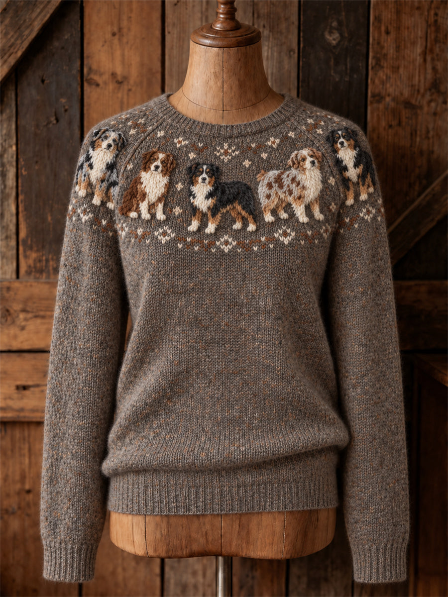 Women's Vintage Miniature American Shepherd Dogs Yoke Isle Pattern Print Cozy Crew neck Sweater