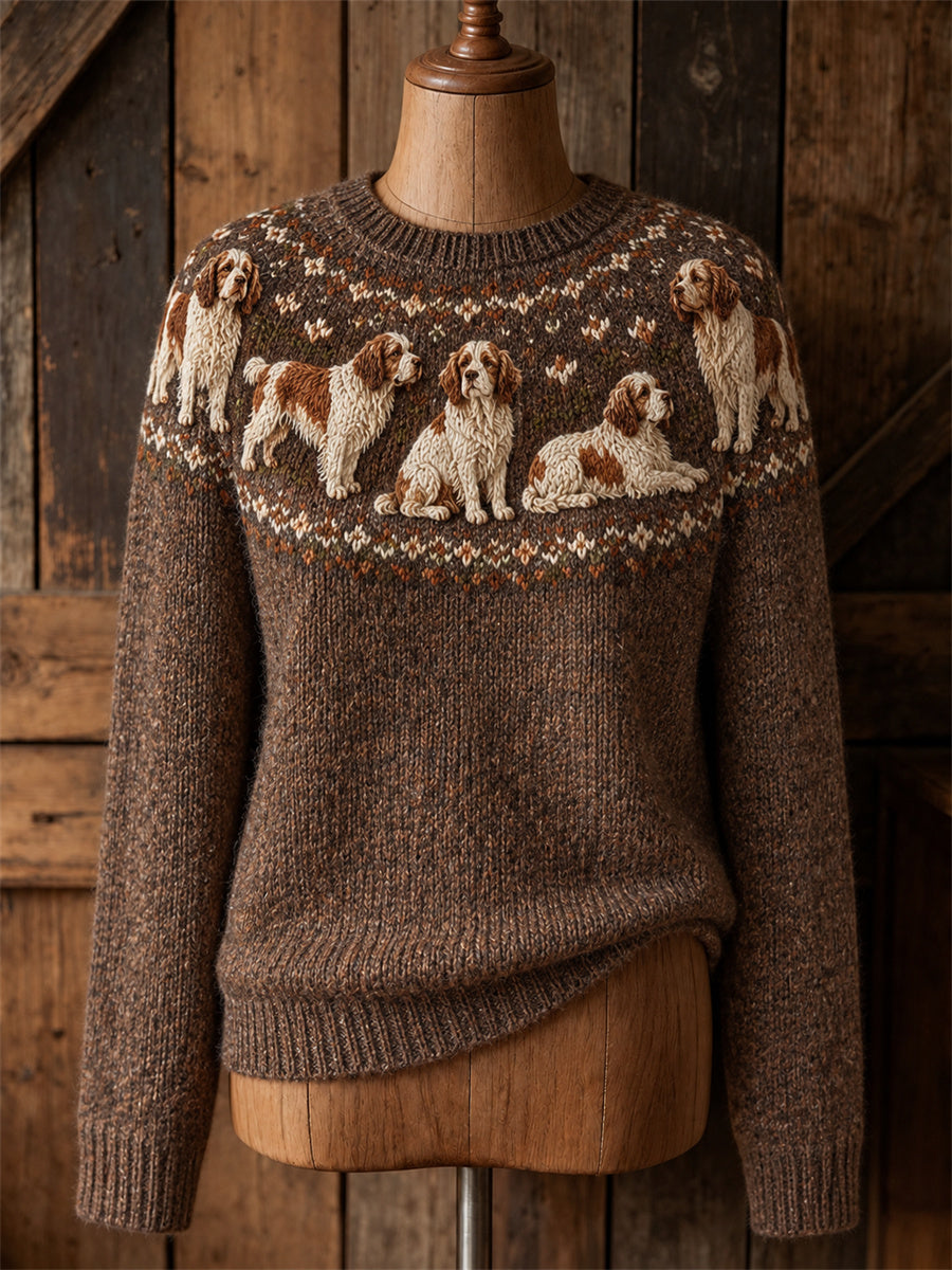 Women's Vintage Clumber Spaniel Dogs Yoke Isle Pattern Print Cozy Crew neck Sweater