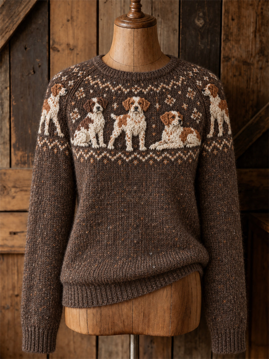 Women's Vintage Brittany Dogs Yoke Isle Pattern Print Cozy Crew neck Sweater