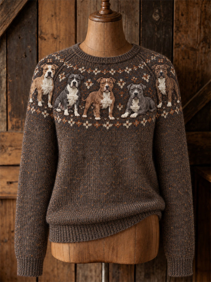 Women's Vintage Pit Bull Dogs Yoke Isle Pattern Print Cozy Crew neck Sweater