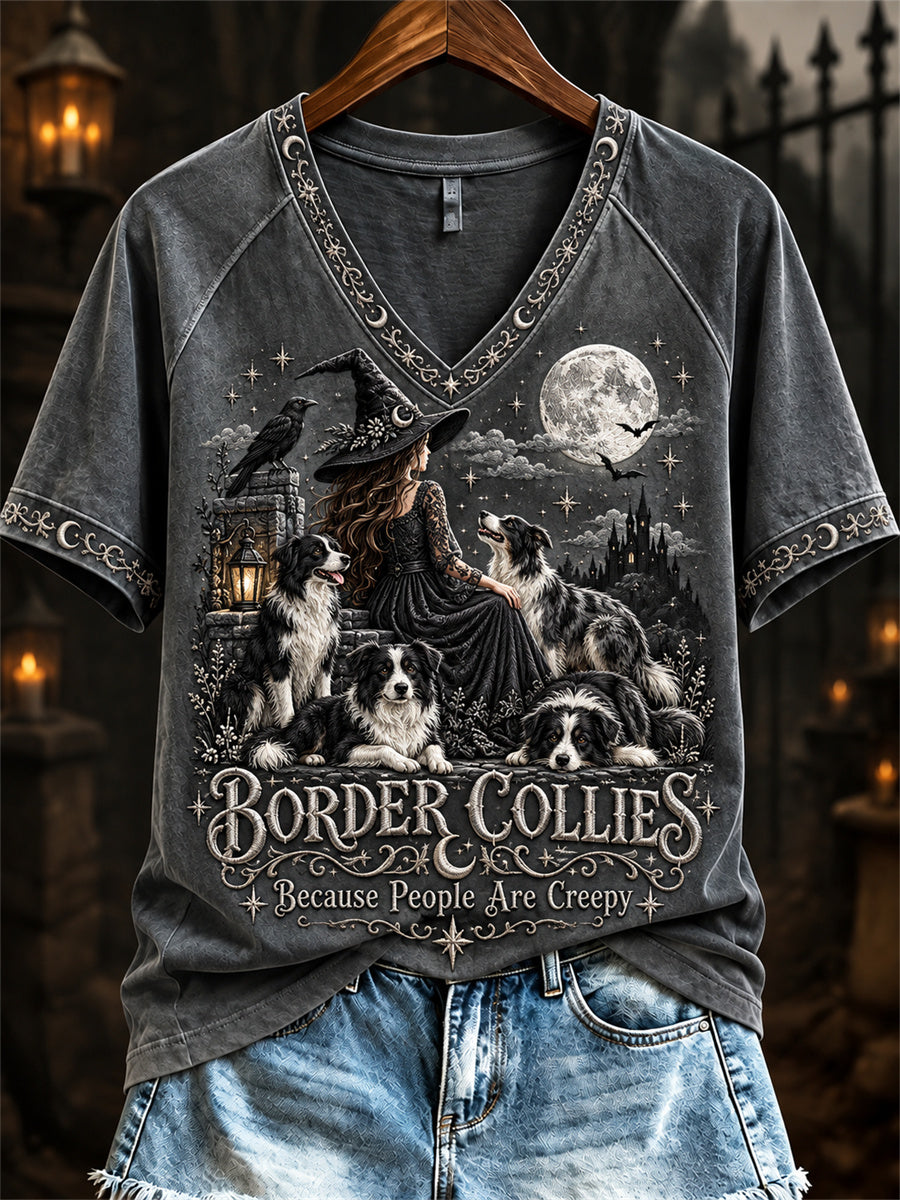 Women's Border Collies Because People Are Creepy Halloween Witch & Dogs Print short-sleeved T-shirt