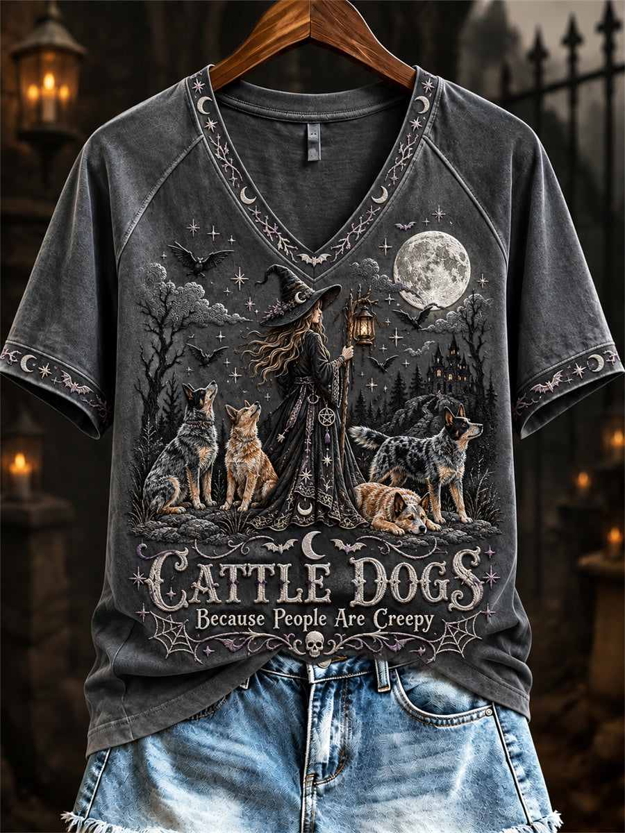 Women's Cattle Dogs Because People Are Creepy Halloween Witch & Dogs Print short-sleeved T-shirt