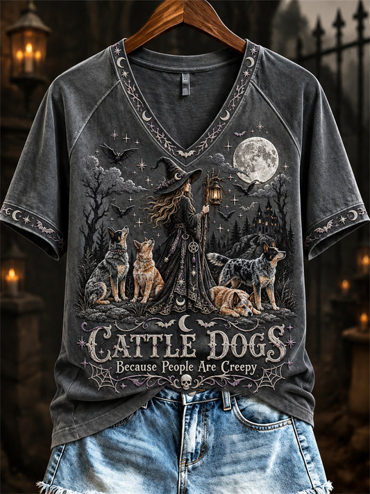 Women's Cattle Dogs Because People Are Creepy Halloween Witch & Dogs Print short-sleeved T-shirt