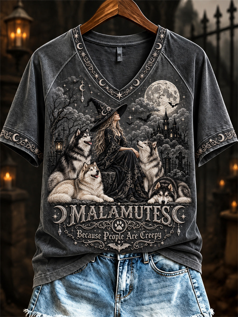 Women's Malamutes Because People Are Creepy Halloween Witch & Dogs Print short-sleeved T-shirt