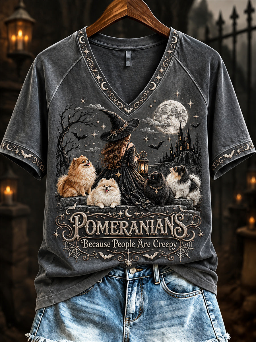 Women's Pomeranians Because People Are Creepy Halloween Witch & Dogs Print short-sleeved T-shirt