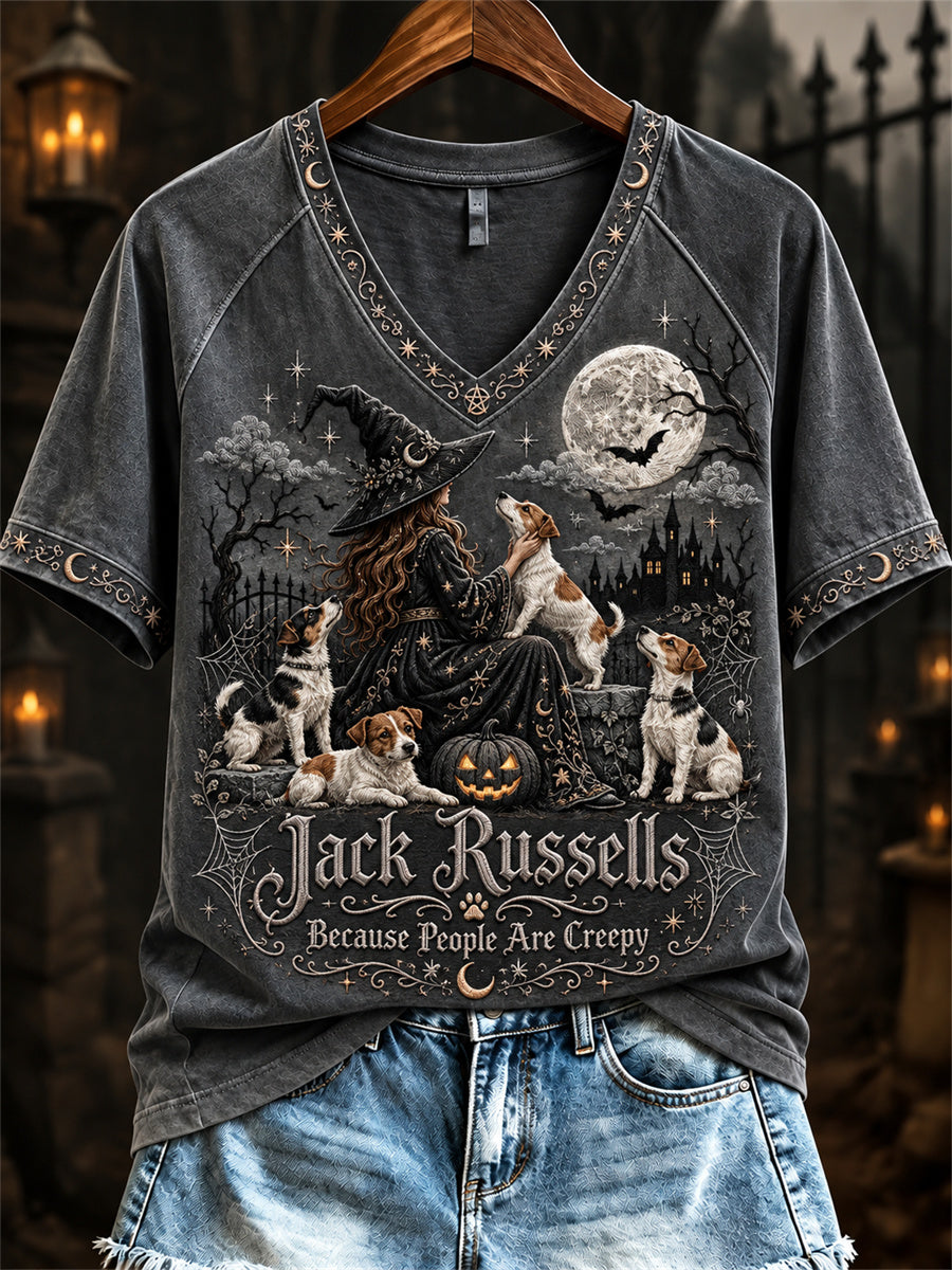 Women's Jack Russells Because People Are Creepy Halloween Witch & Dogs Print short-sleeved T-shirt