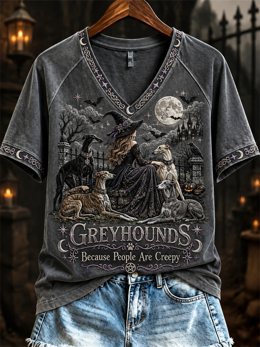 Women's Greyhounds Because People Are Creepy Halloween Witch & Dogs Print short-sleeved T-shirt