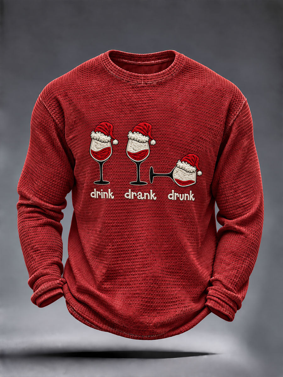 Men's "Drink Drank Drunk" Christmas Print Waffle Long Sleeve T-Shirt