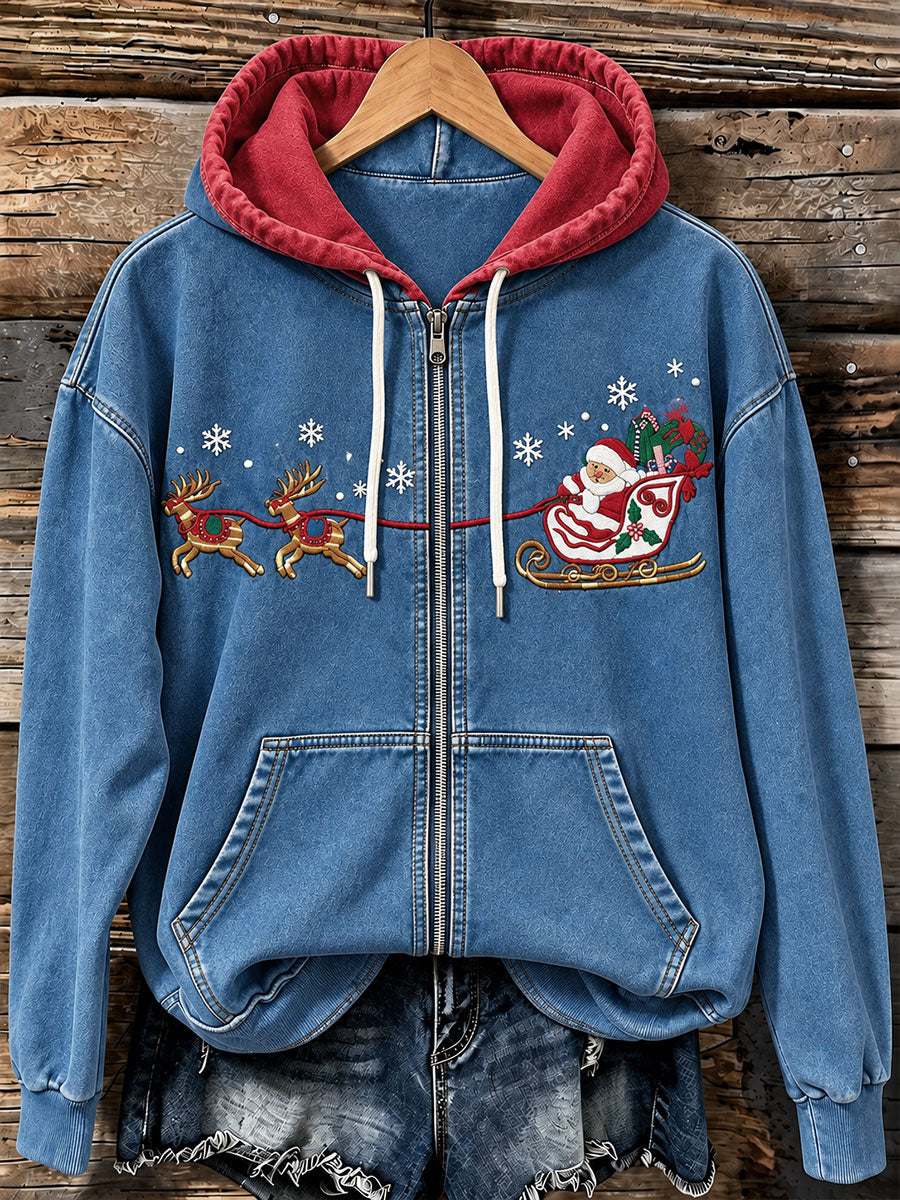 Women's Vintage Santa Claus Christmas Zip-Up Hoodie