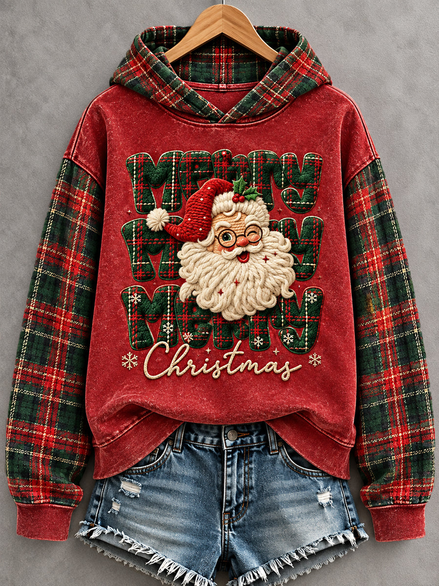 Women's Christmas Santa Claus Plaid Print Casual Hoodie
