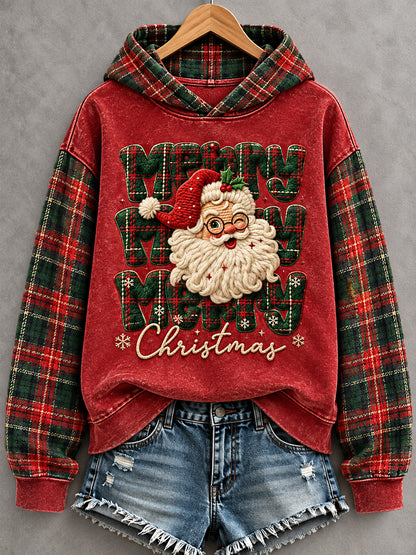 Women's Christmas Santa Claus Plaid Print Casual Hoodie