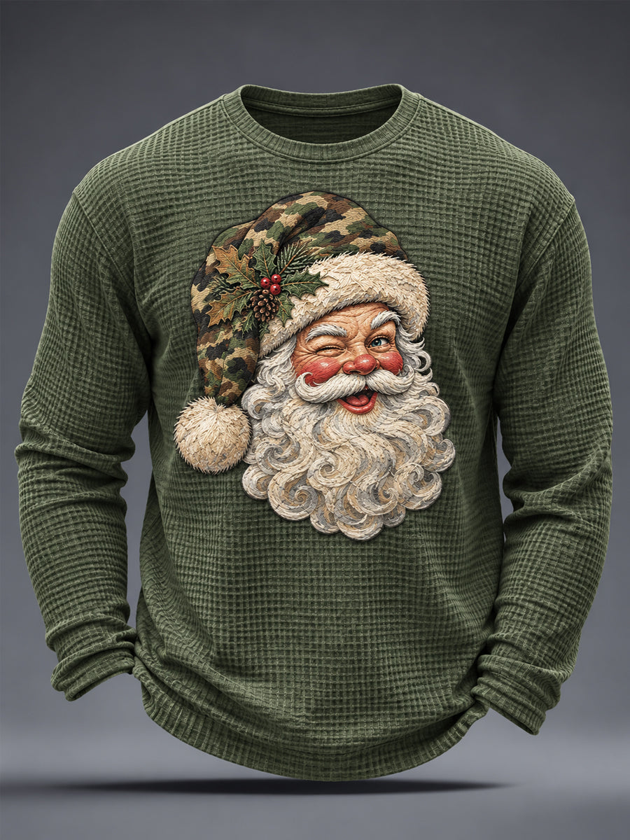 Men's Christmas Camouflage Santa Claus Print Casual Waffle Long Sleeve T-Shirt