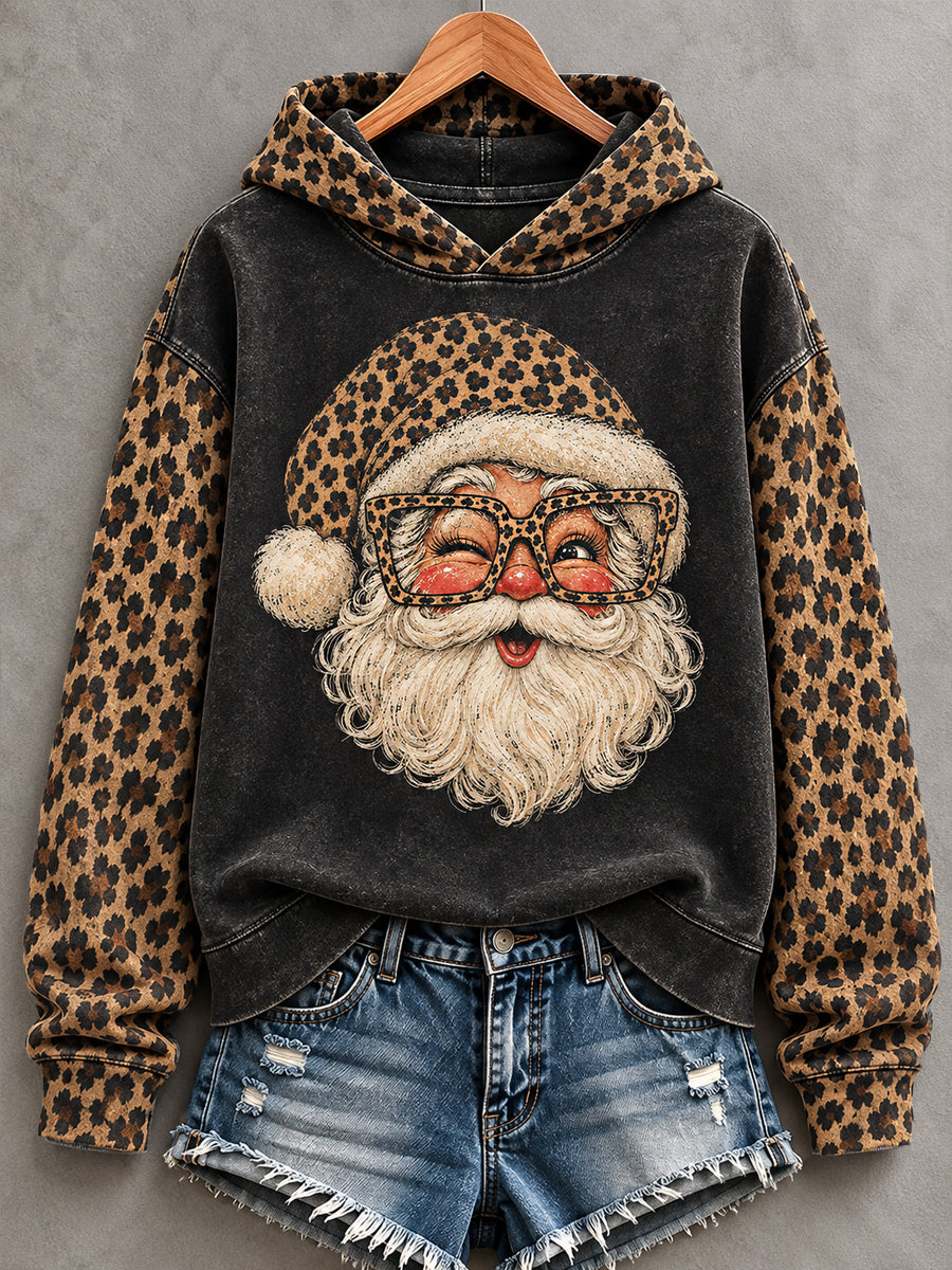 Women's Christmas Santa Claus Leopard Print Casual Hoodie