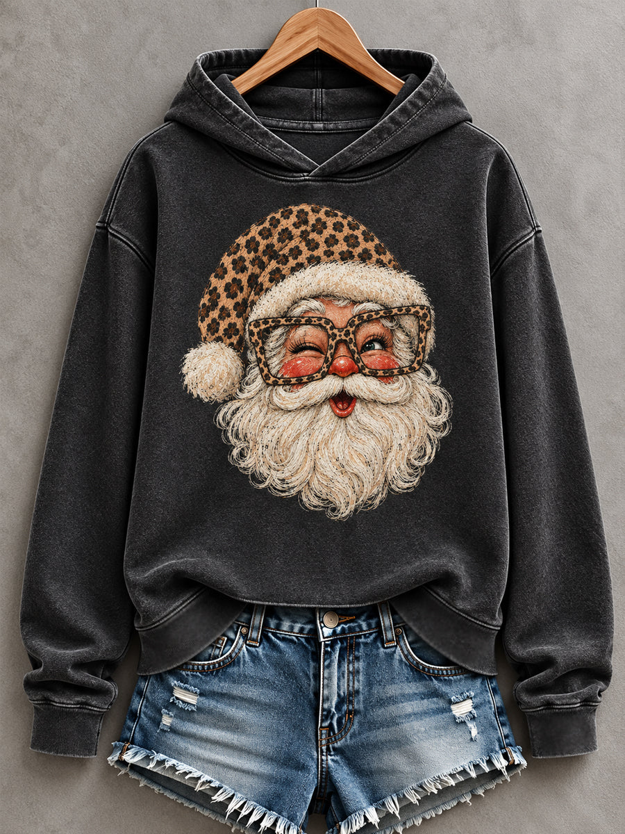 Women's Christmas Santa Claus Leopard Print Casual Hoodie
